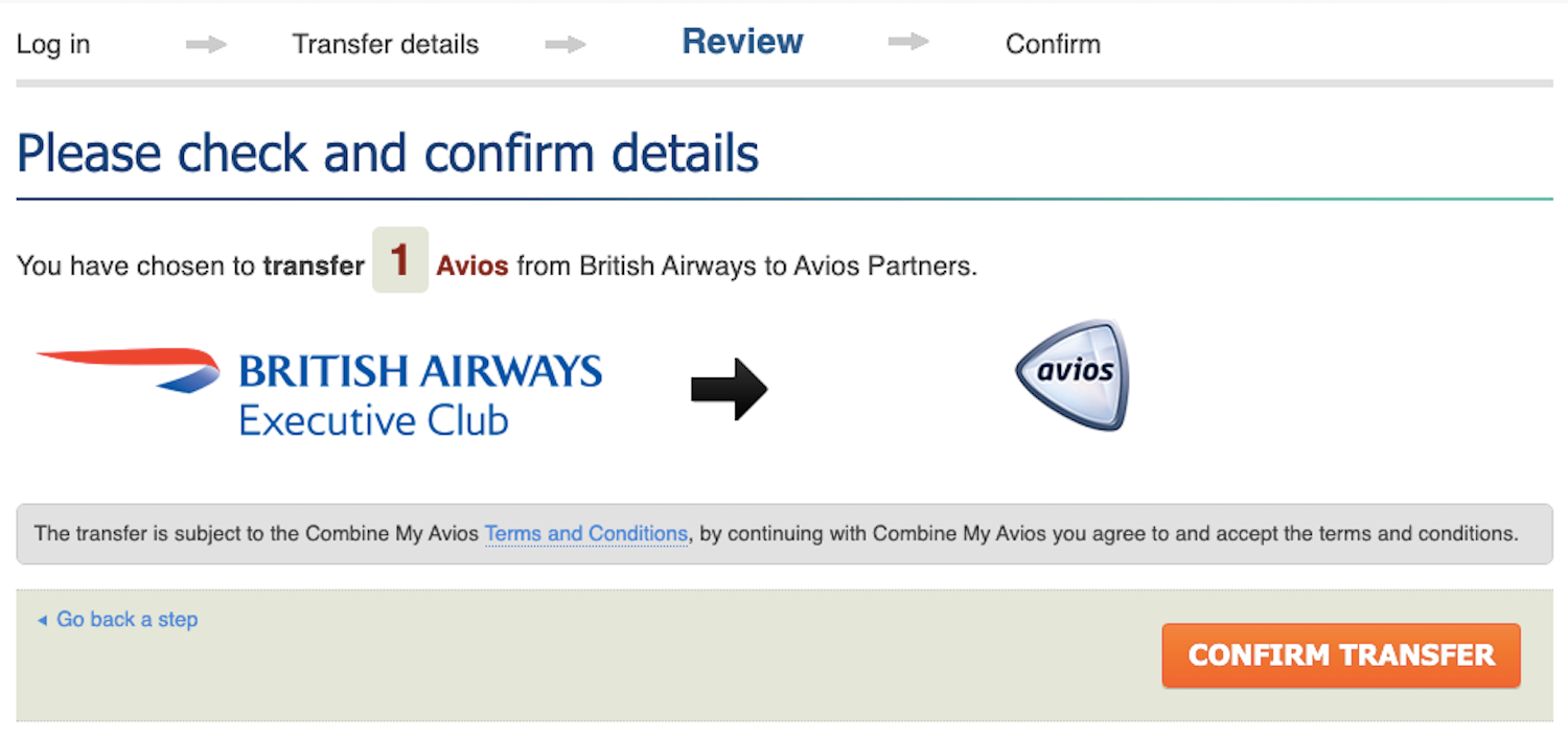 Screenshot from Avios.com shows review page before confirming Avios transfer