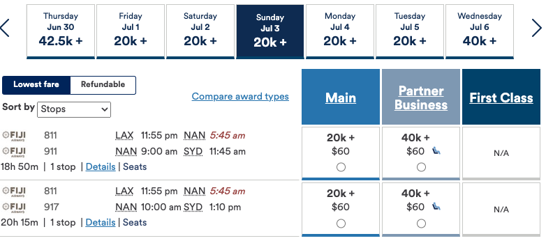 Fiji Airways awards on the Alaska Airlines website