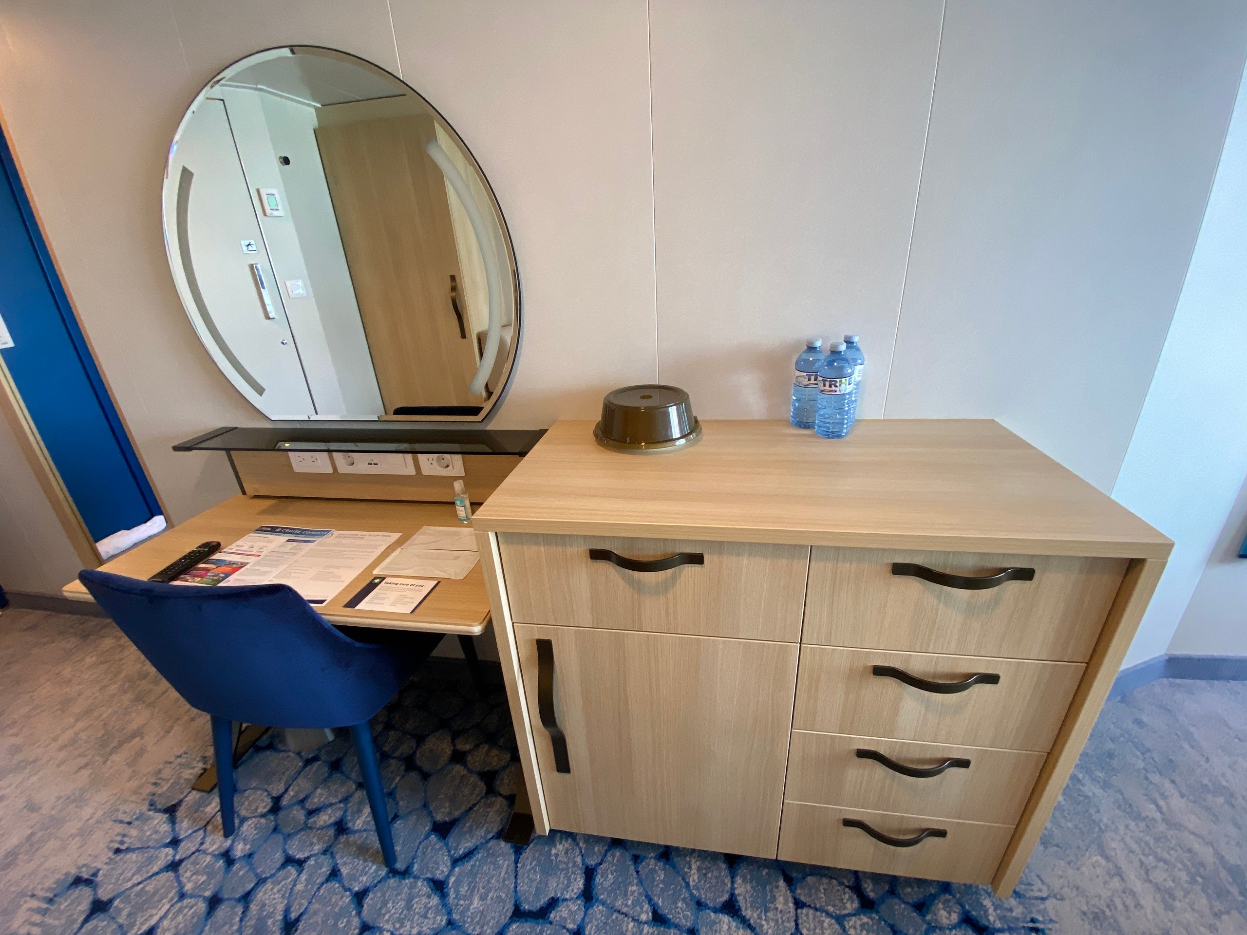 The desk/vanity area in a balcony cabin on Royal Caribbean's Wonder of the Seas.