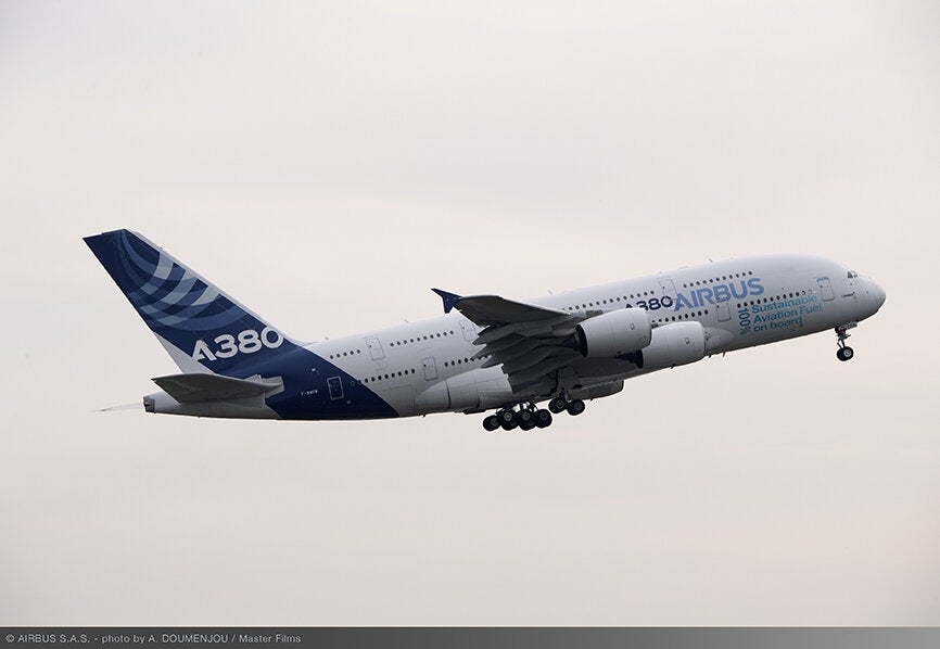 A380 prototype flies through the air.