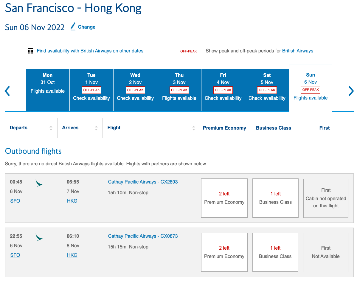 Searching for Cathay Pacific flights on the BA website