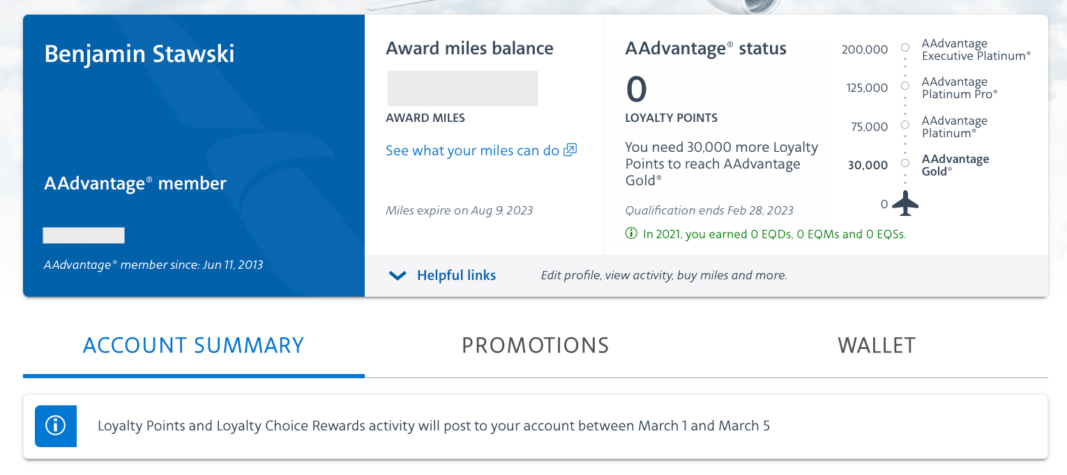 AA loyalty points zero balance