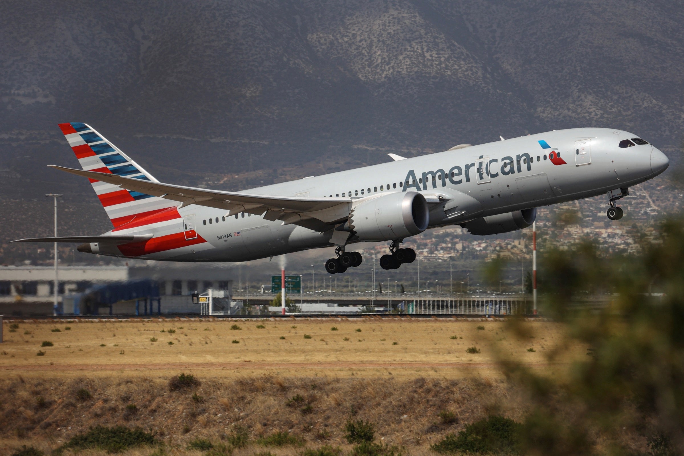 American Airlines 787 taking off in Athens, Greece