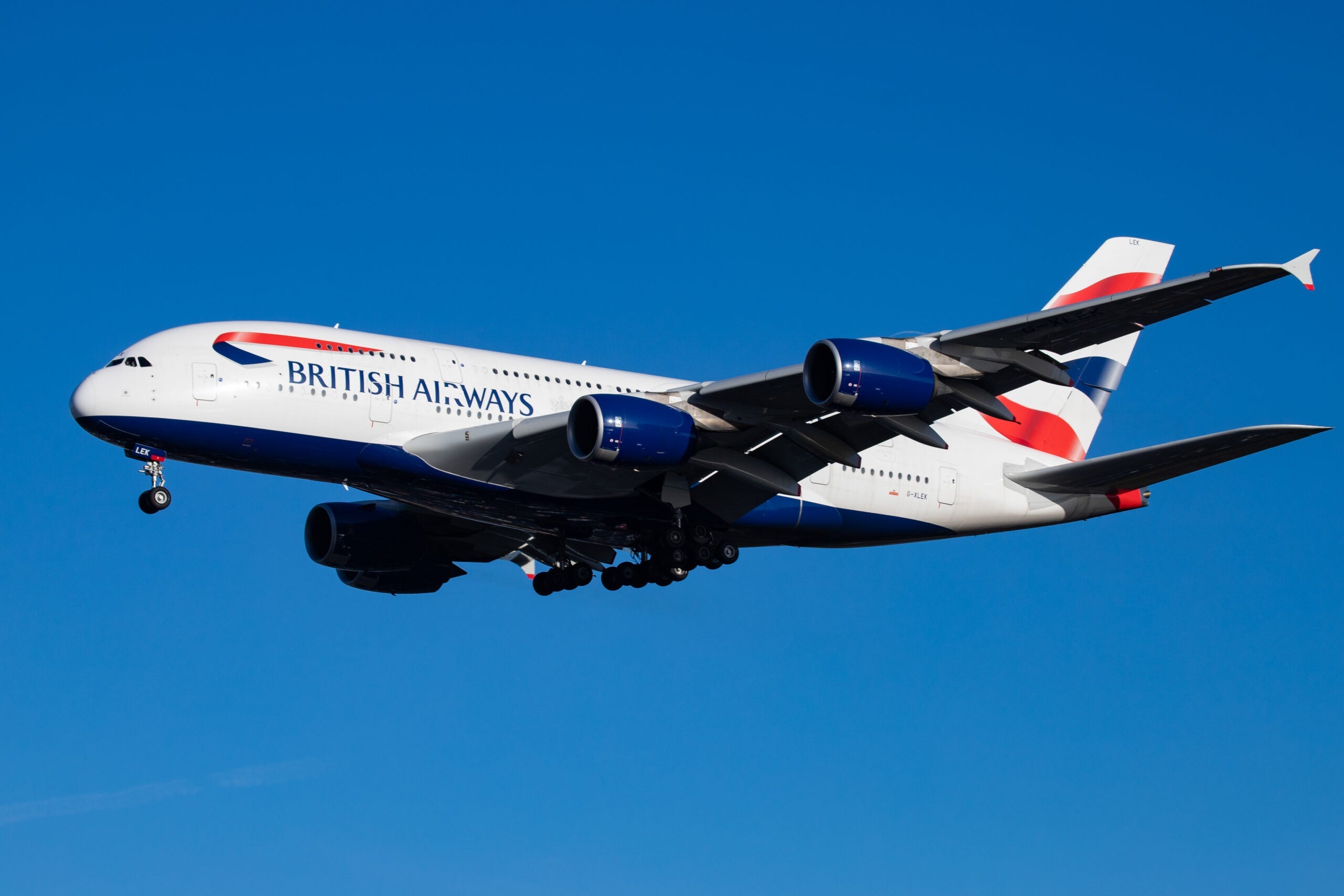 British Airways Airbus A380-800 aircraft with registration G-XLEK landing at London Heathrow International Airport