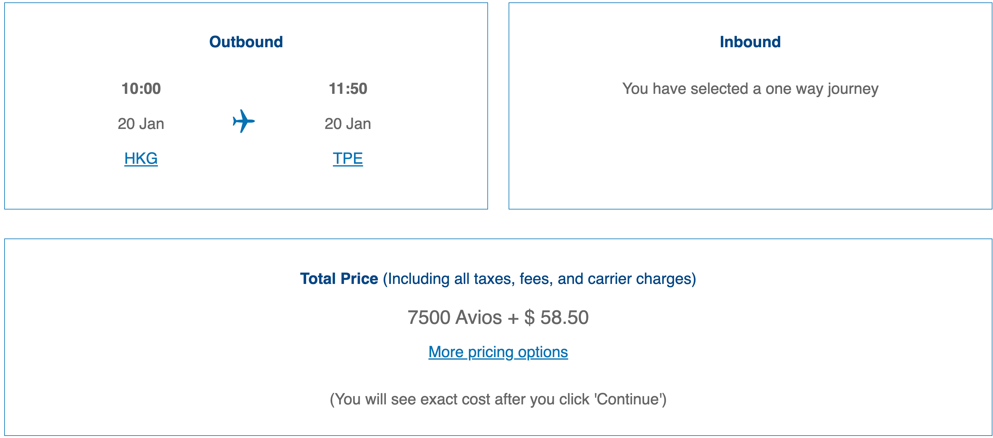 Hong Kong to Taipei award ticket on the British Airways website