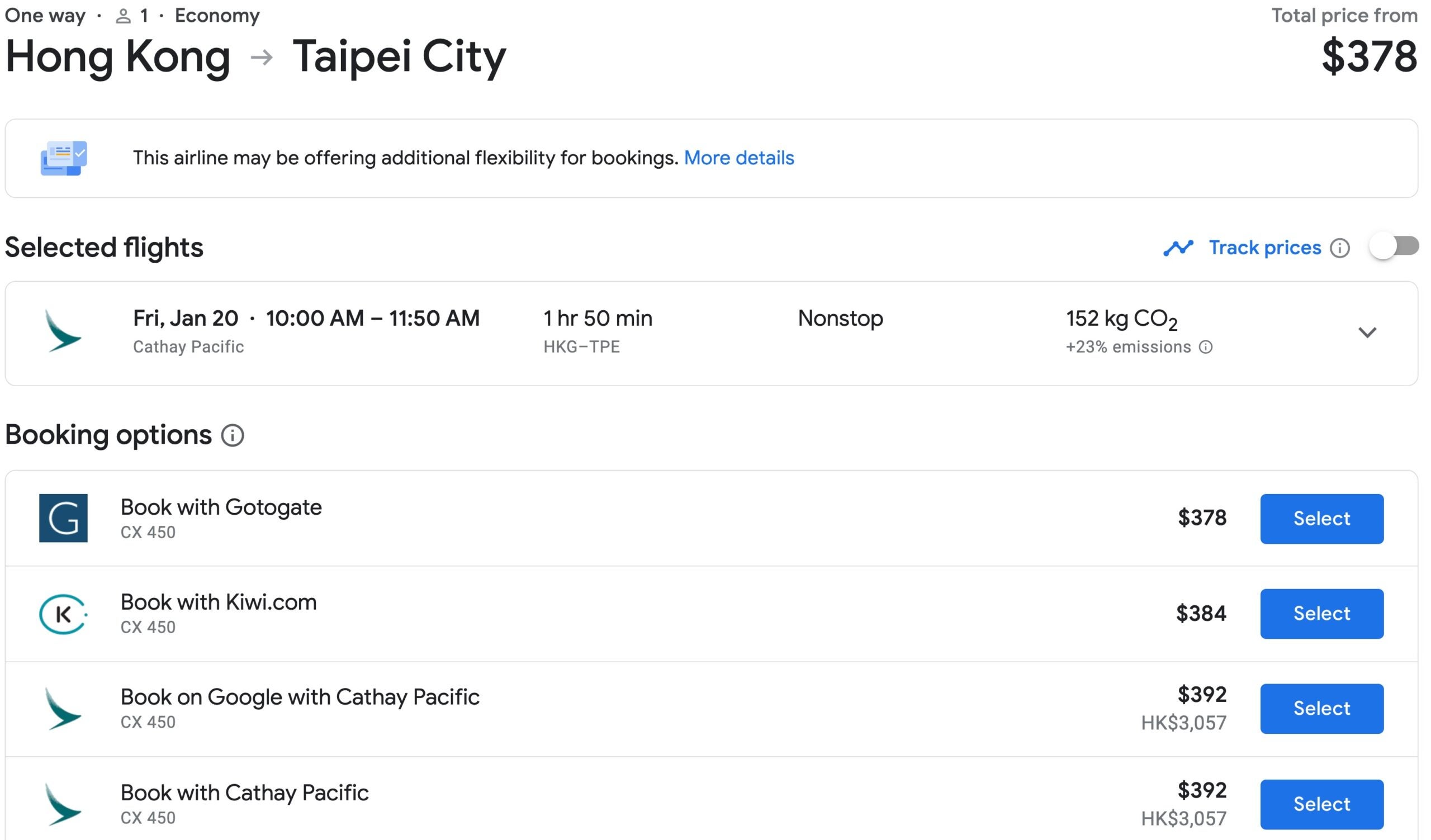 Ticket from Hong Kong to Taipei in Google Flights