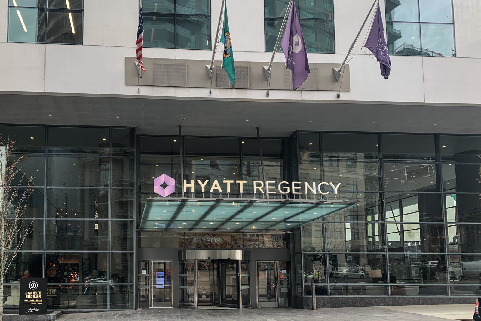 Hyatt Regency front of hotel entrance in Seattle.