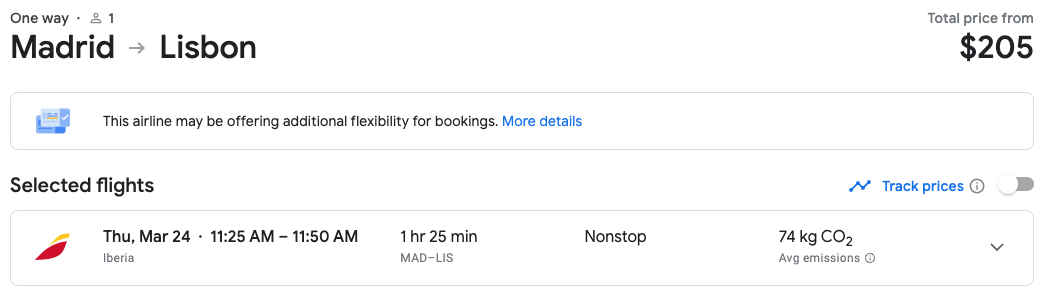 Iberia flight from Madrid to Lisbon in Google Flights