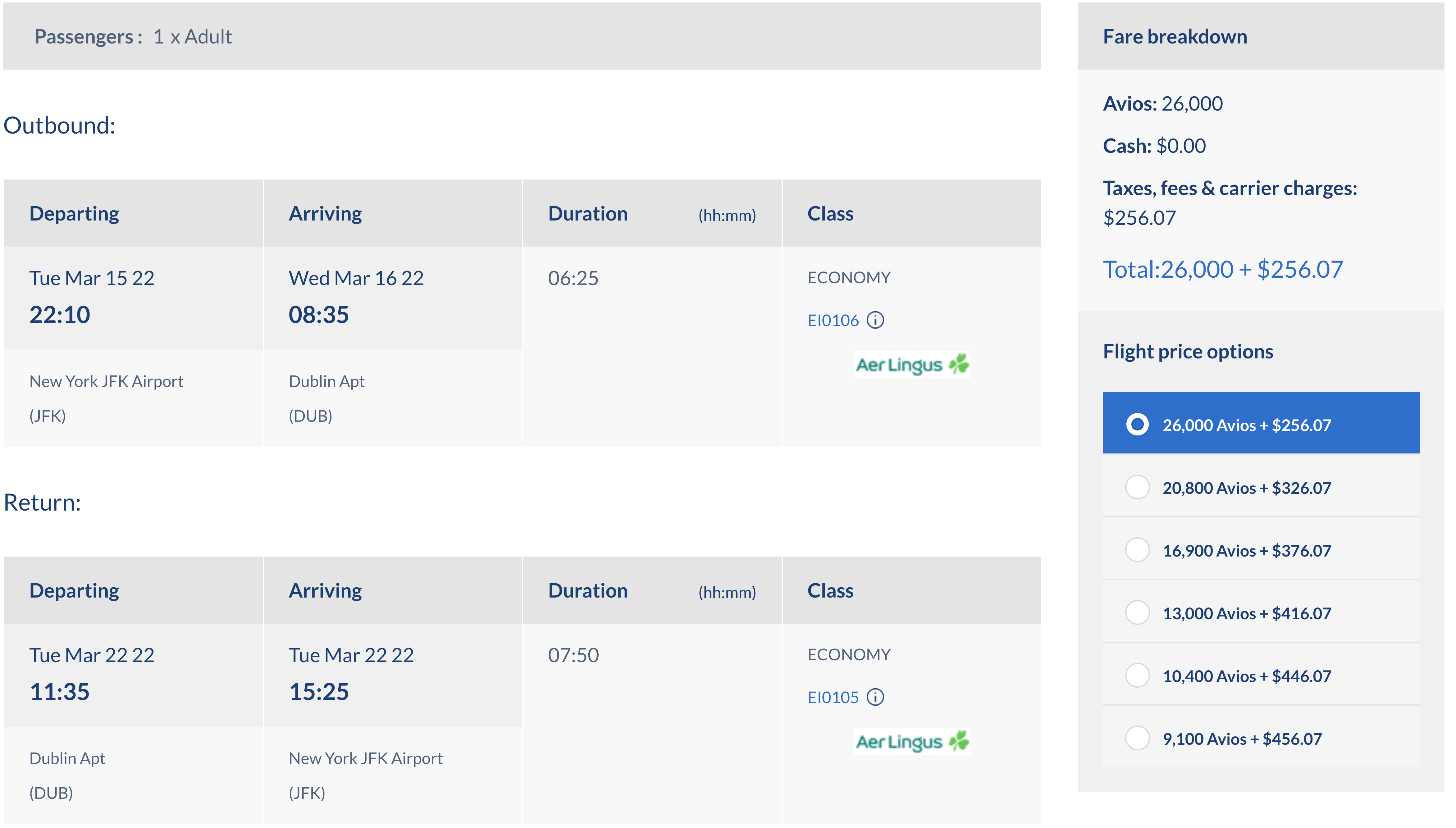 New York to Dublin award itinerary on the Aer Lingus Avios website