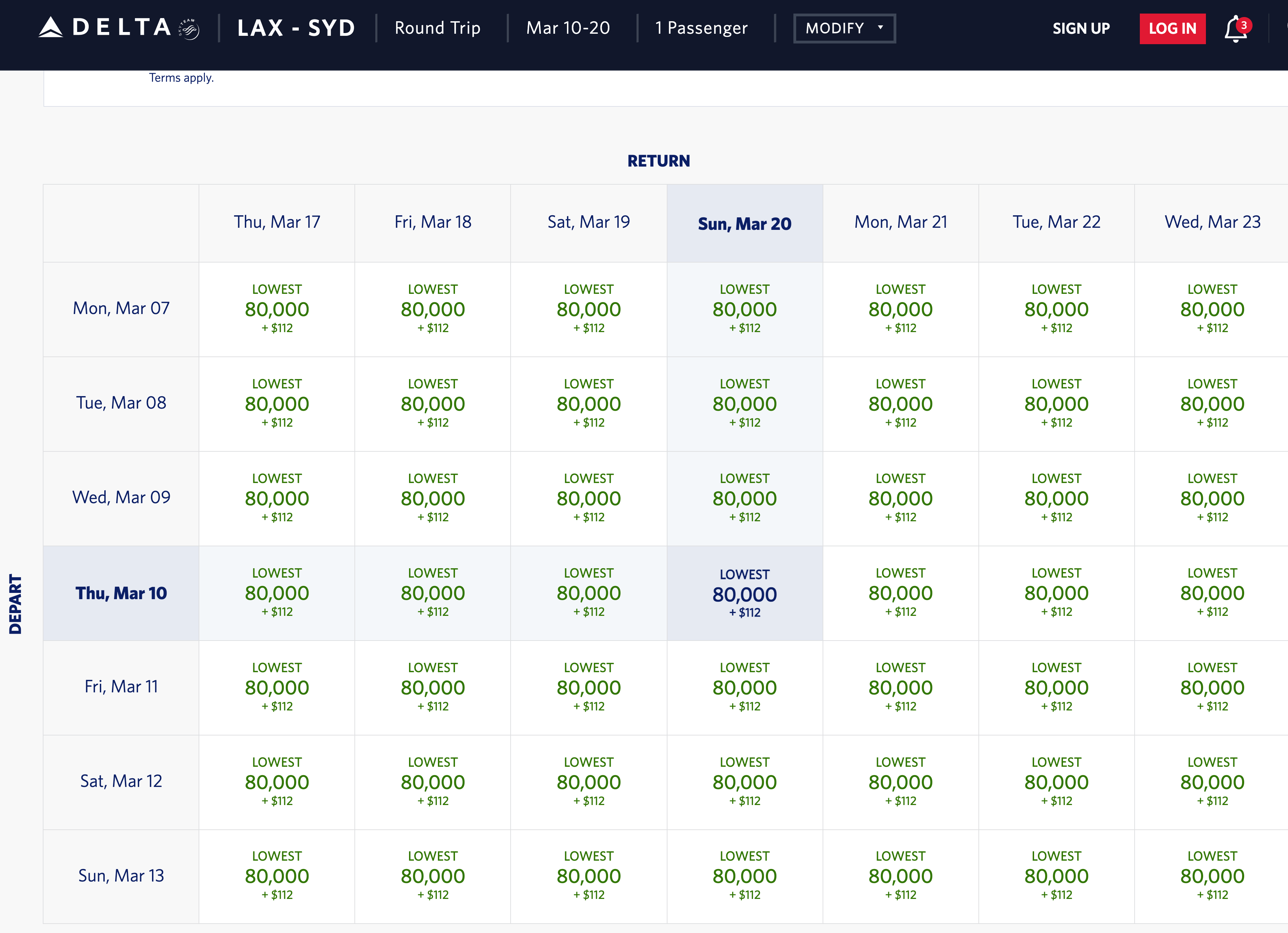 Delta award calendar for Los Angeles to Sydney