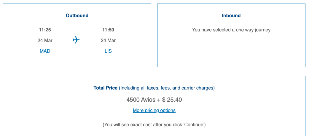 MAD to LIS British Airways award ticket operated by Iberia