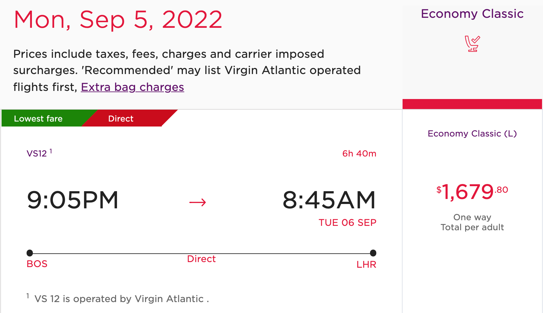 Virgin Atlantic paid ticket from Boston to London