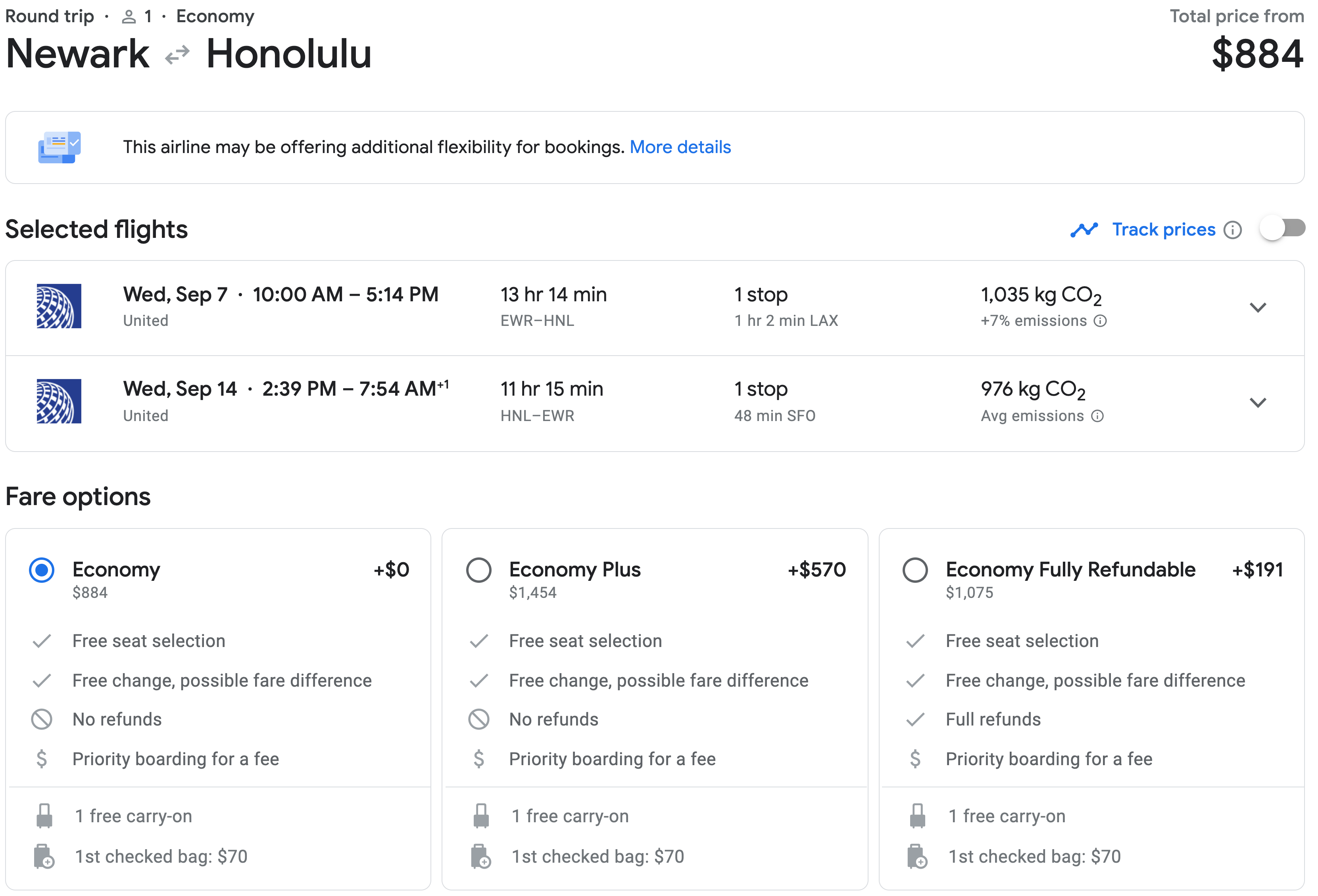United flight itinerary from Newark to Honolulu in Google Flights