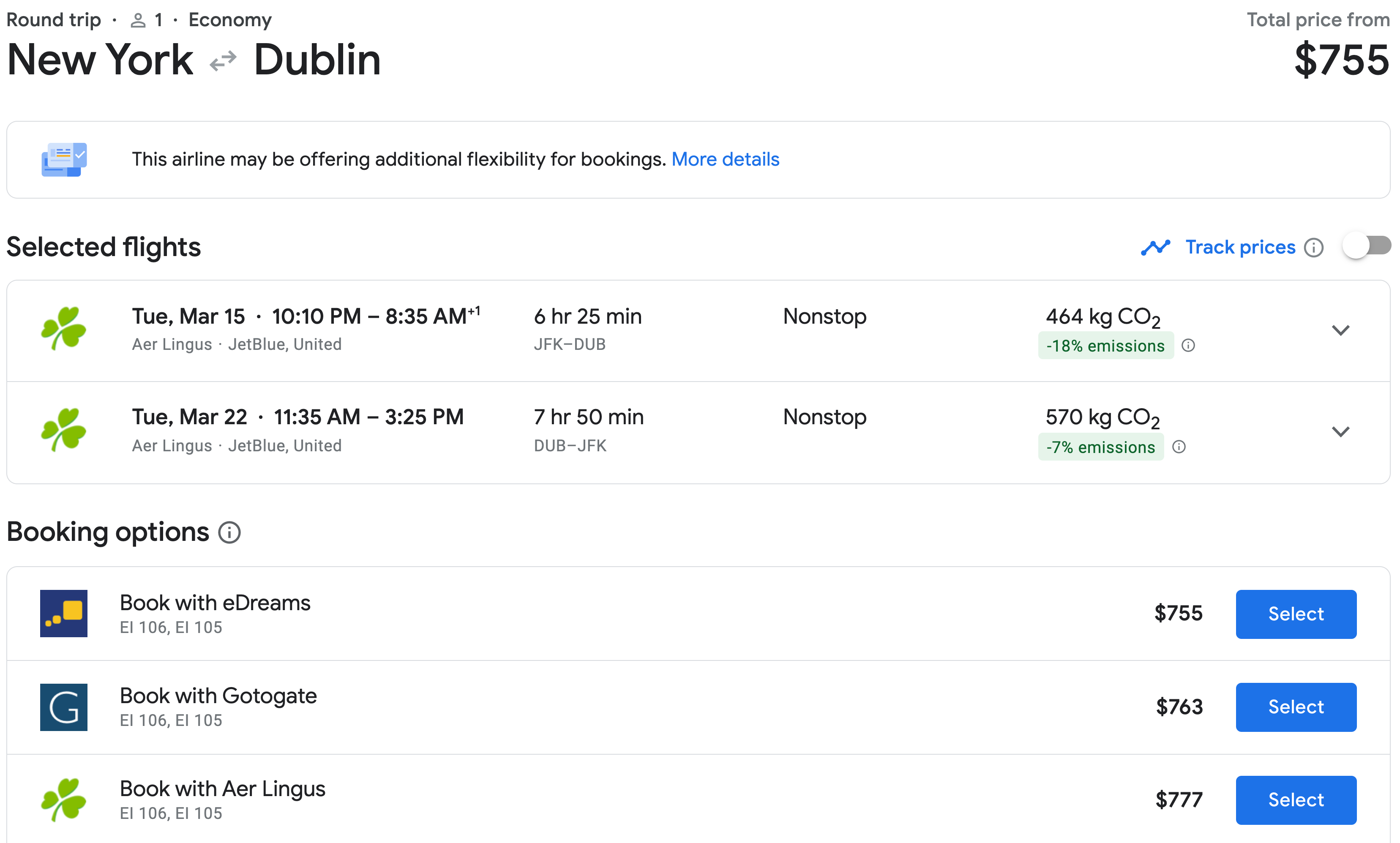 New York to Dublin itinerary on Google Flights