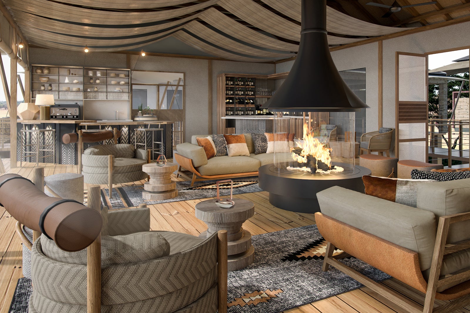 rendering of tented hotel lobby with fireplace, seating and coffee bar