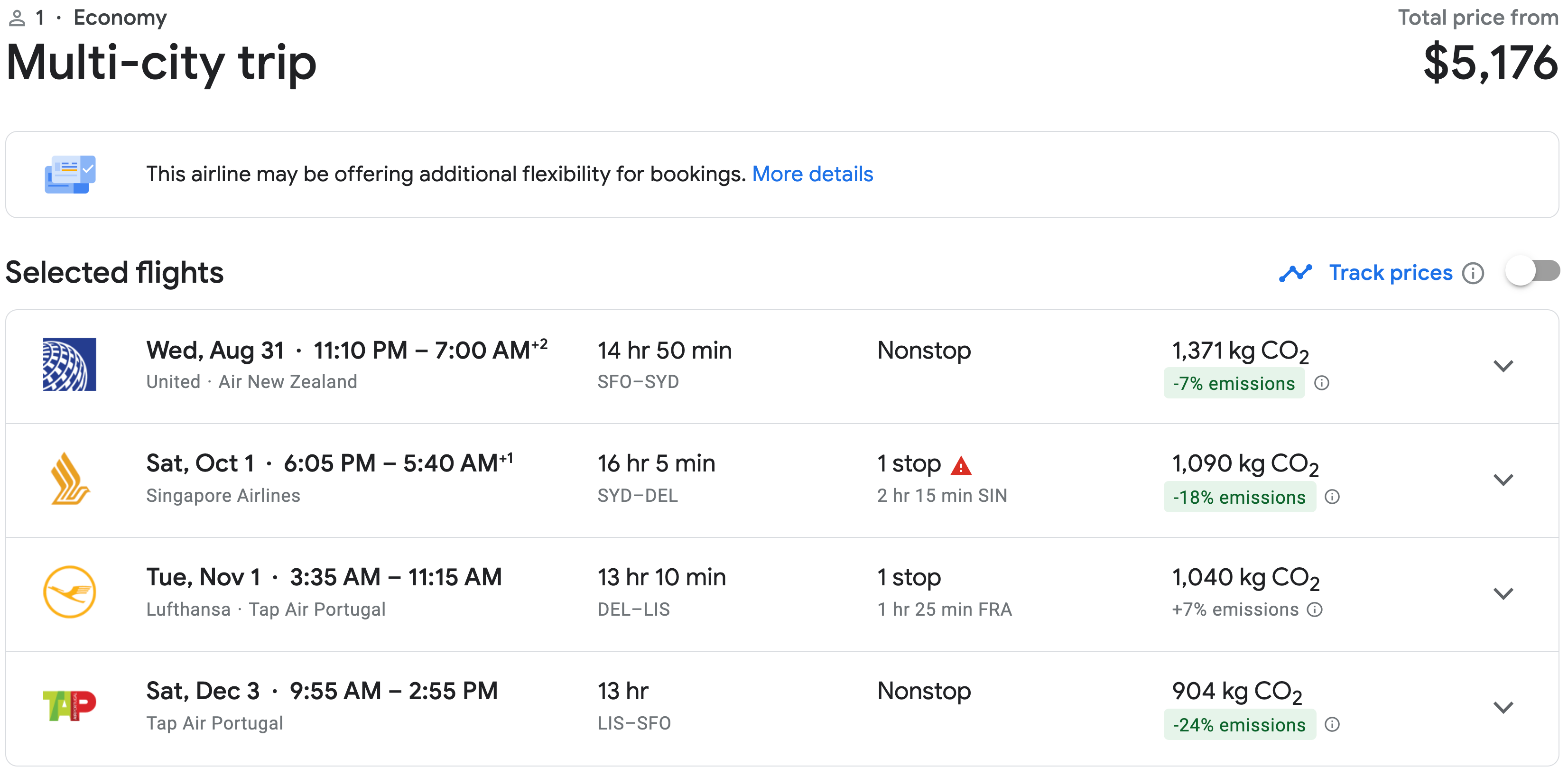 Multi-trip itinerary in Google Flights