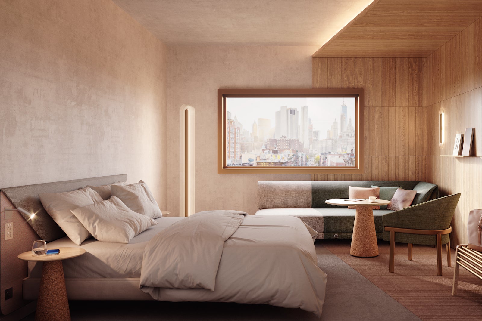 rendering of modern new hotel room with tan, earth tones
