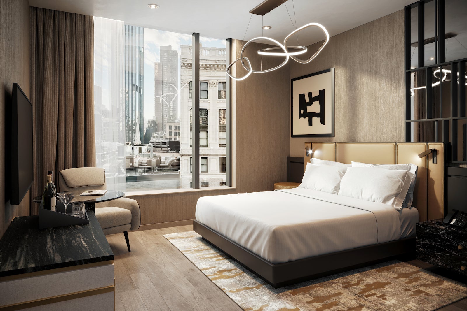 rendering of well-appointed hotel room with bed, rug, views of new york city