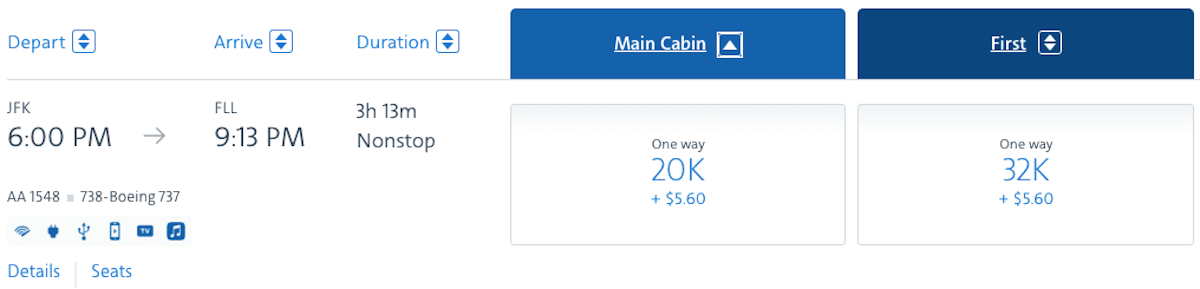 Standard AA award pricing screenshot for flights