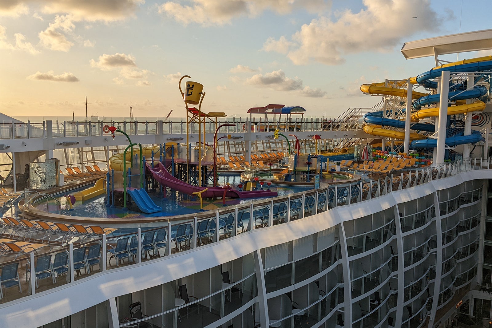 Cruise ship top deck with colorful water slides