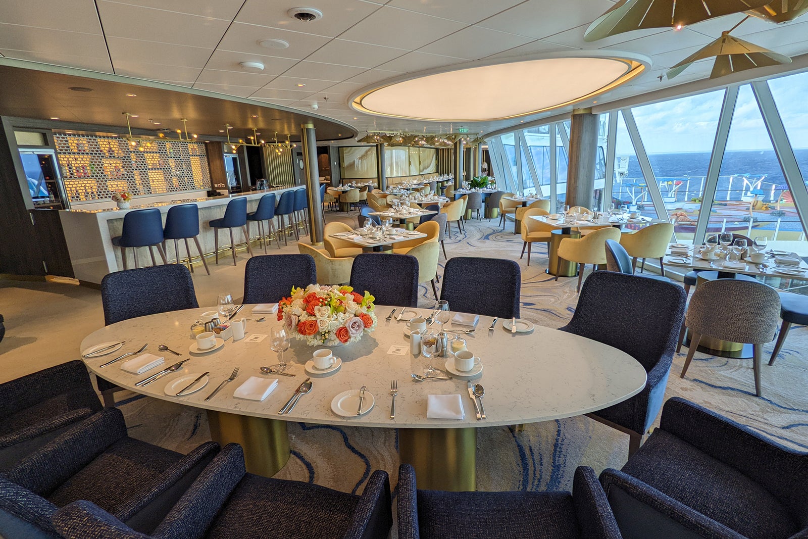 Bar and restaurant on cruise ship with large windows