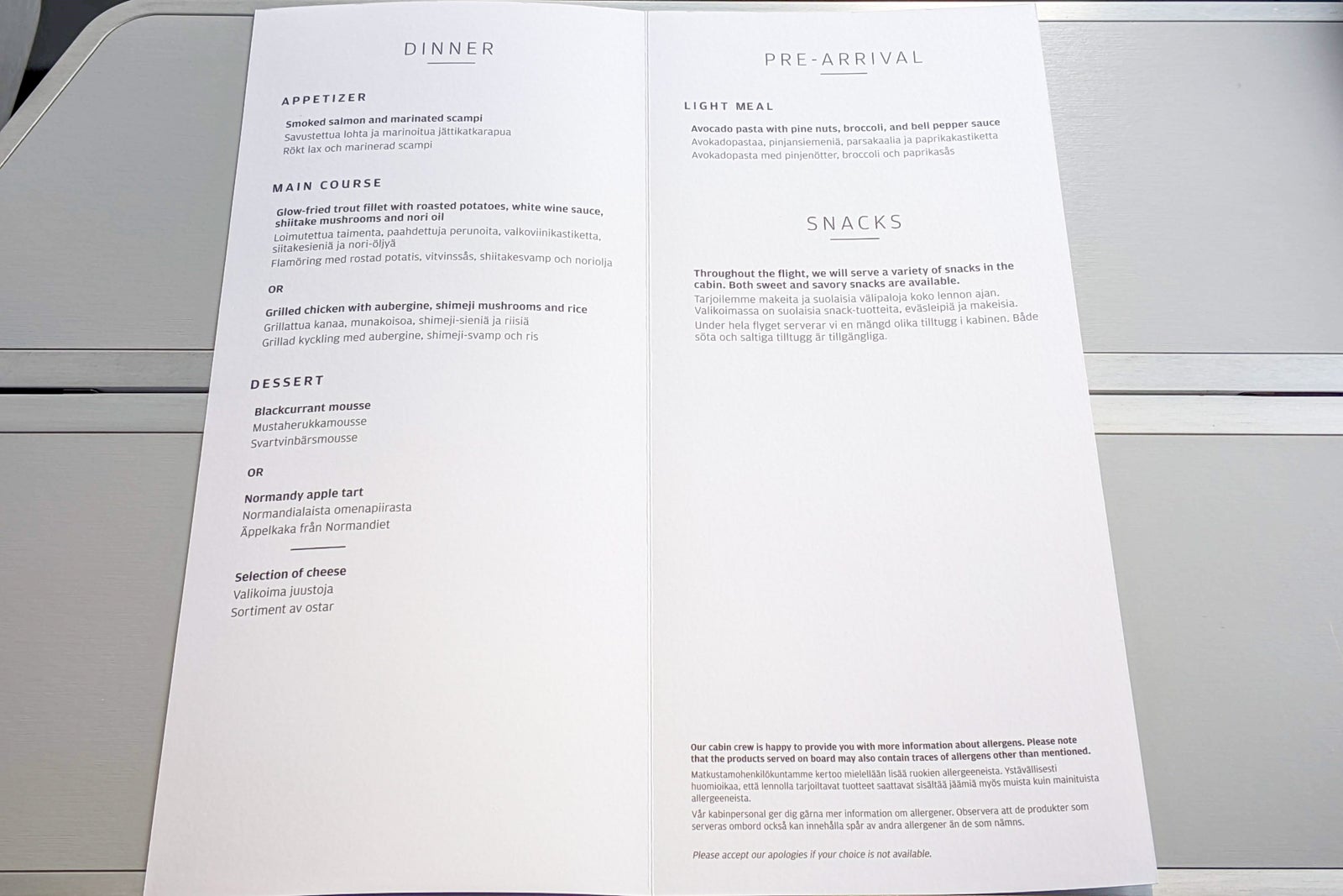 Finnair business class menu