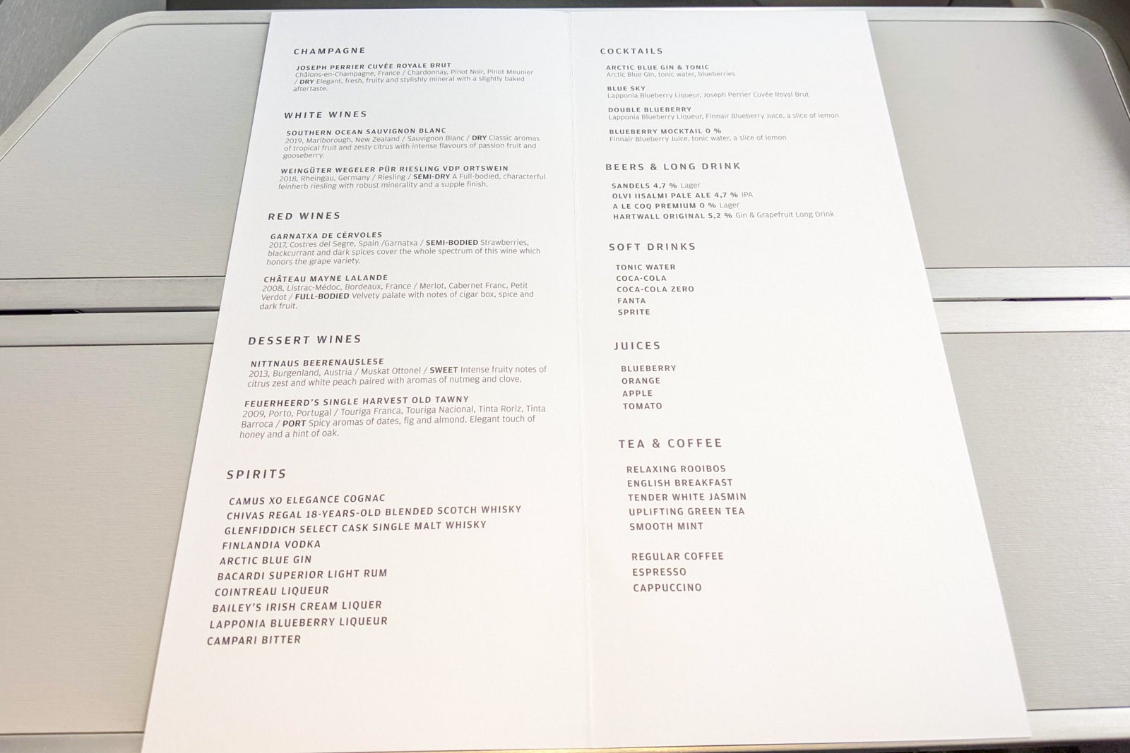 Finnair business class menu