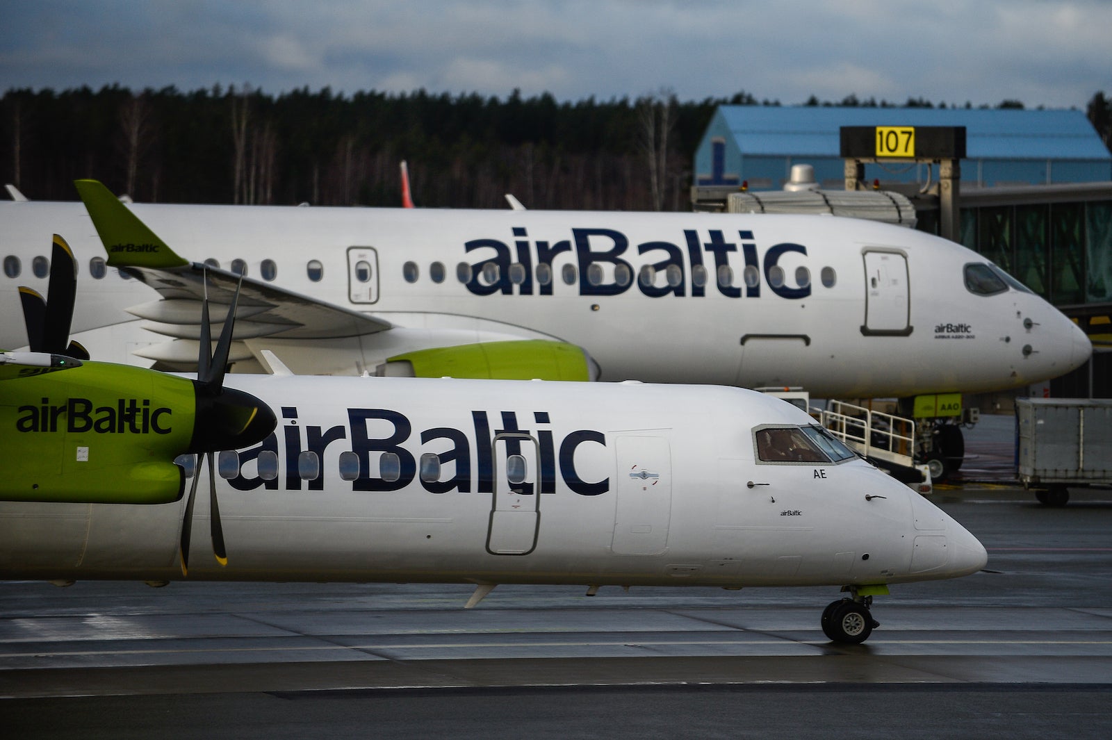An airBaltic Bombardier Q400 next gen and an An airBaltic