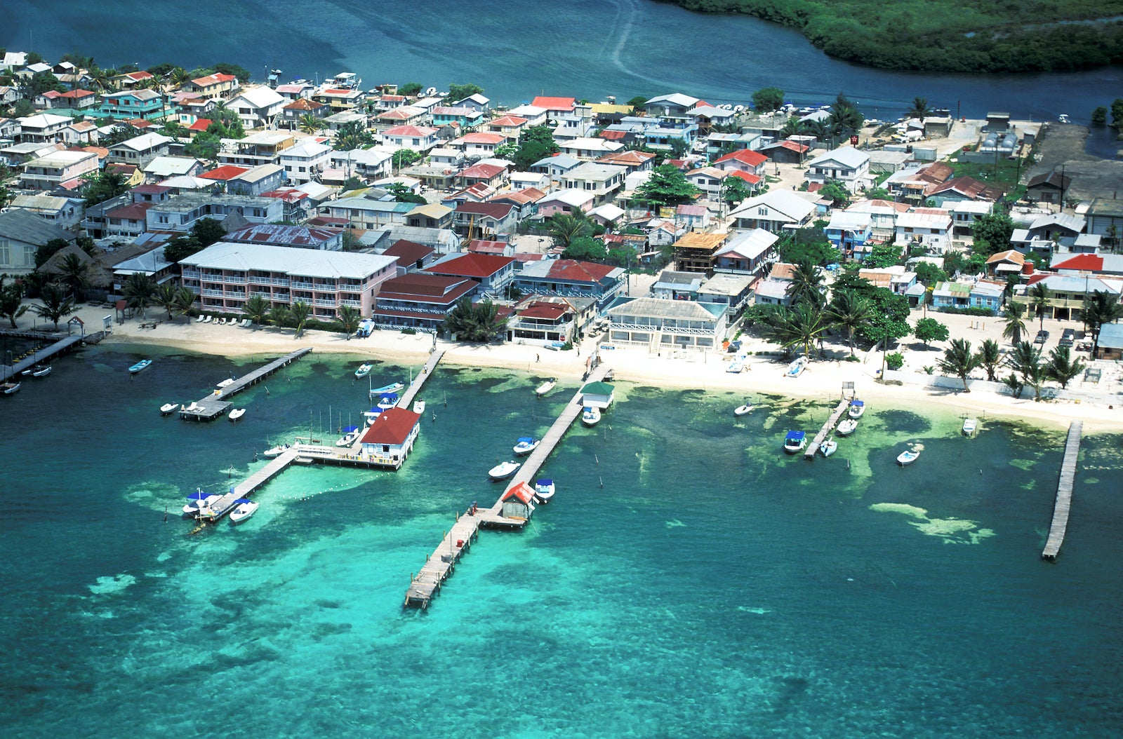 Belize, Placencia, Aerial view of village on sea coast
