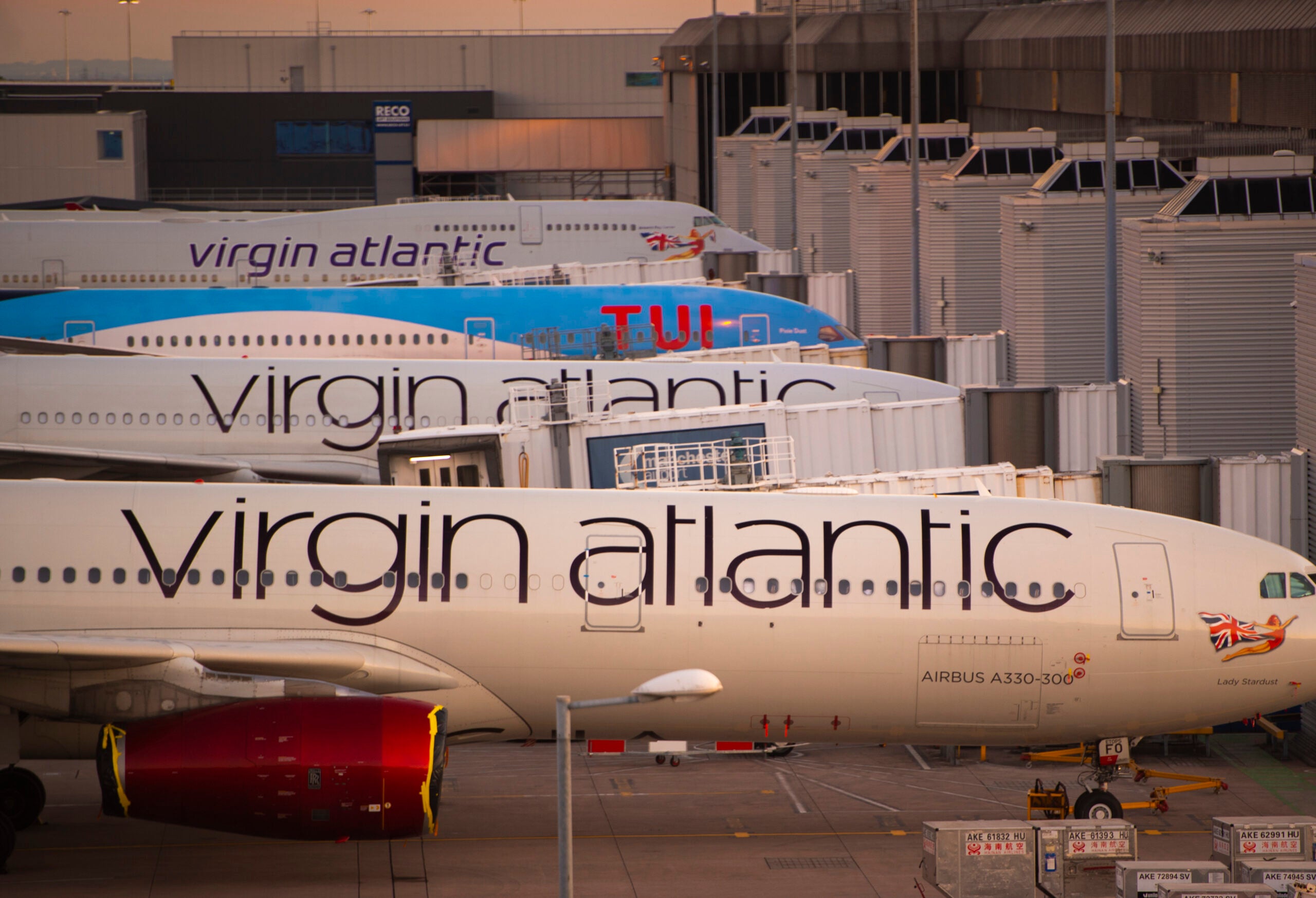 Virgin Atlantic planes parked at the gate in Manchester airport