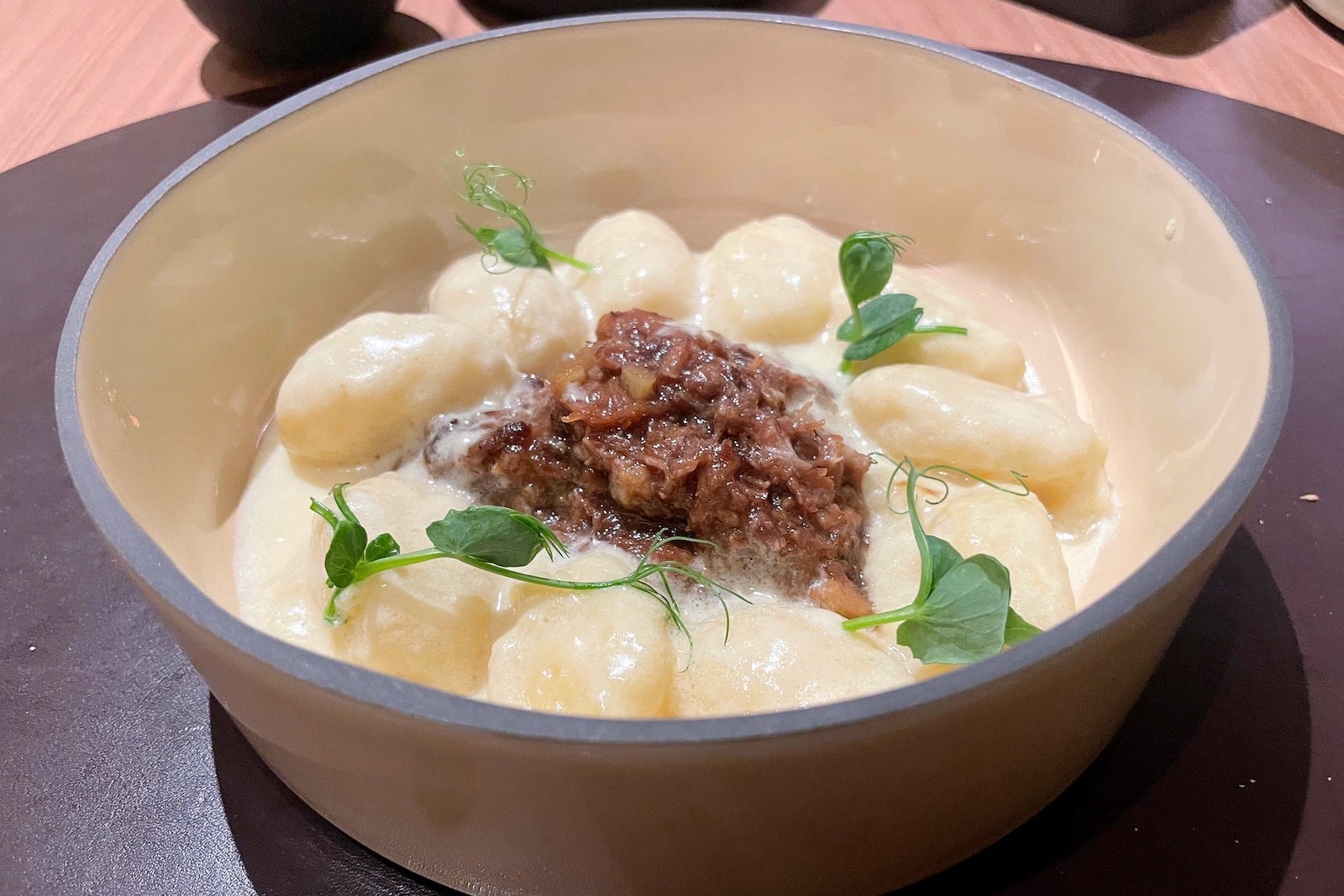 gnocci pasta in bowl with meat
