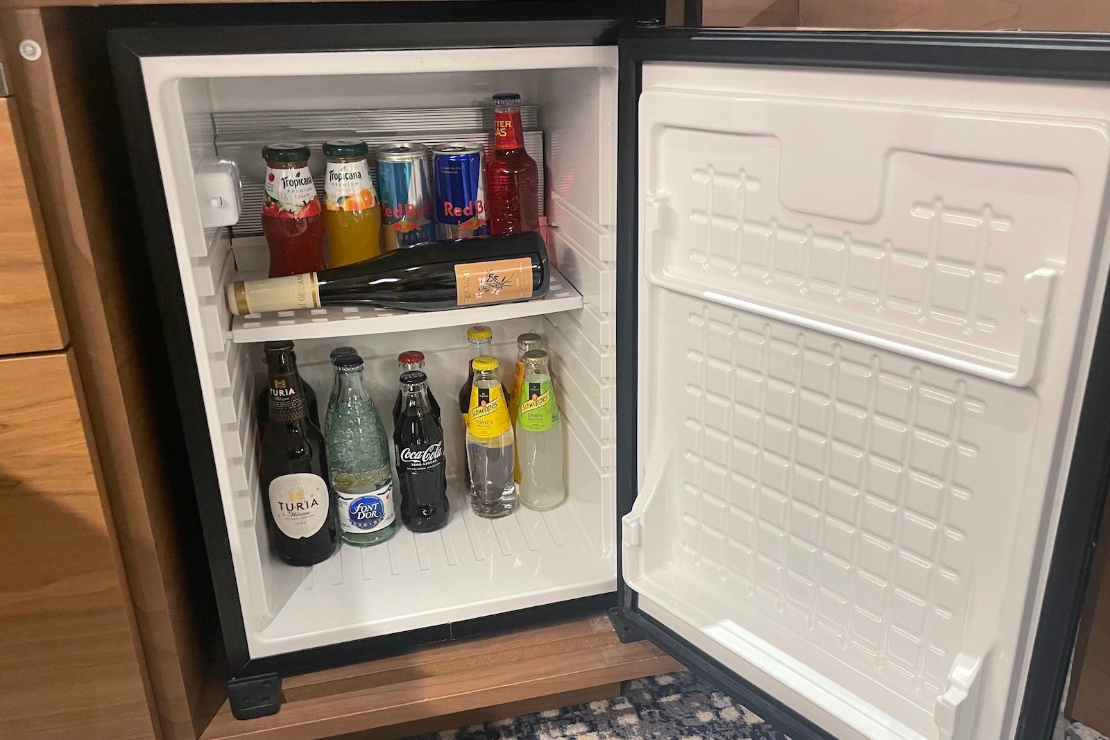 mini fridge with drinks