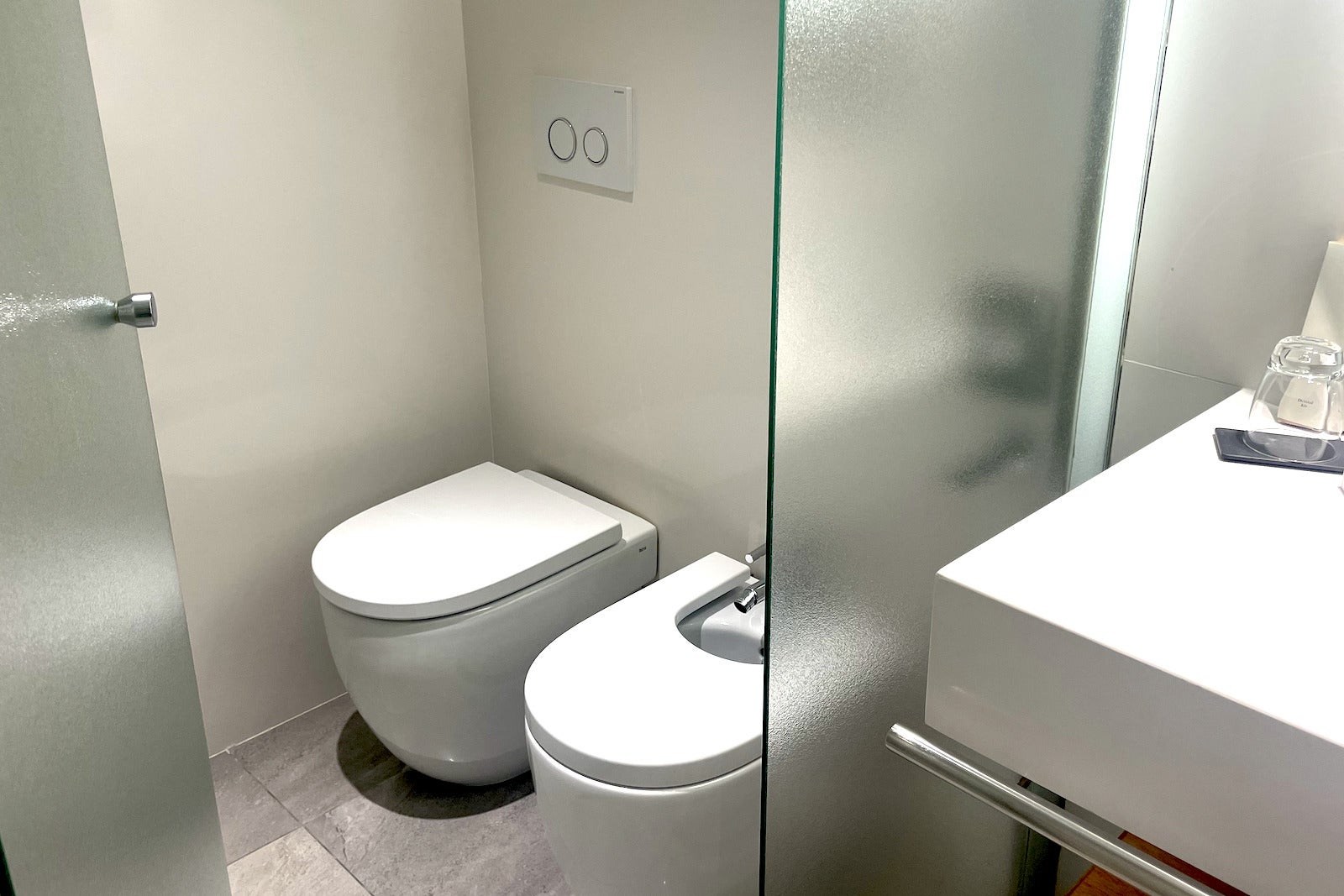 toilet and bidet in glass room
