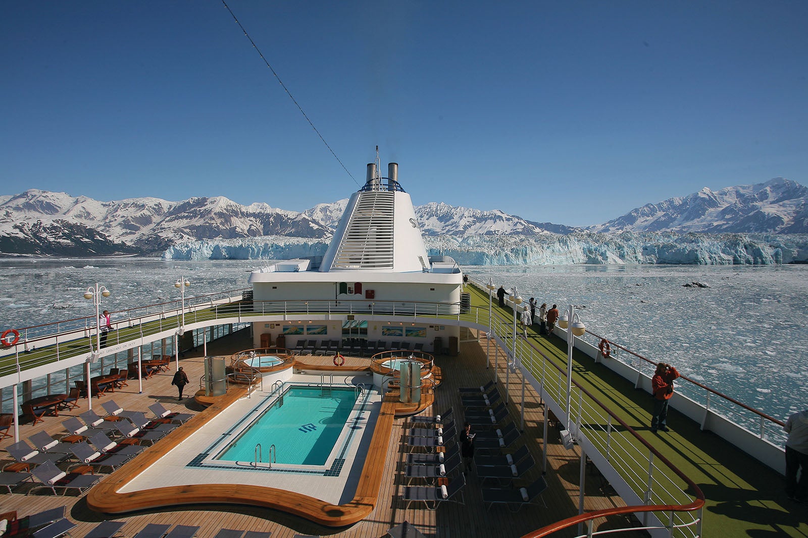 Deck of Silversea ship surrounded by glaciers and snow-covered mountains