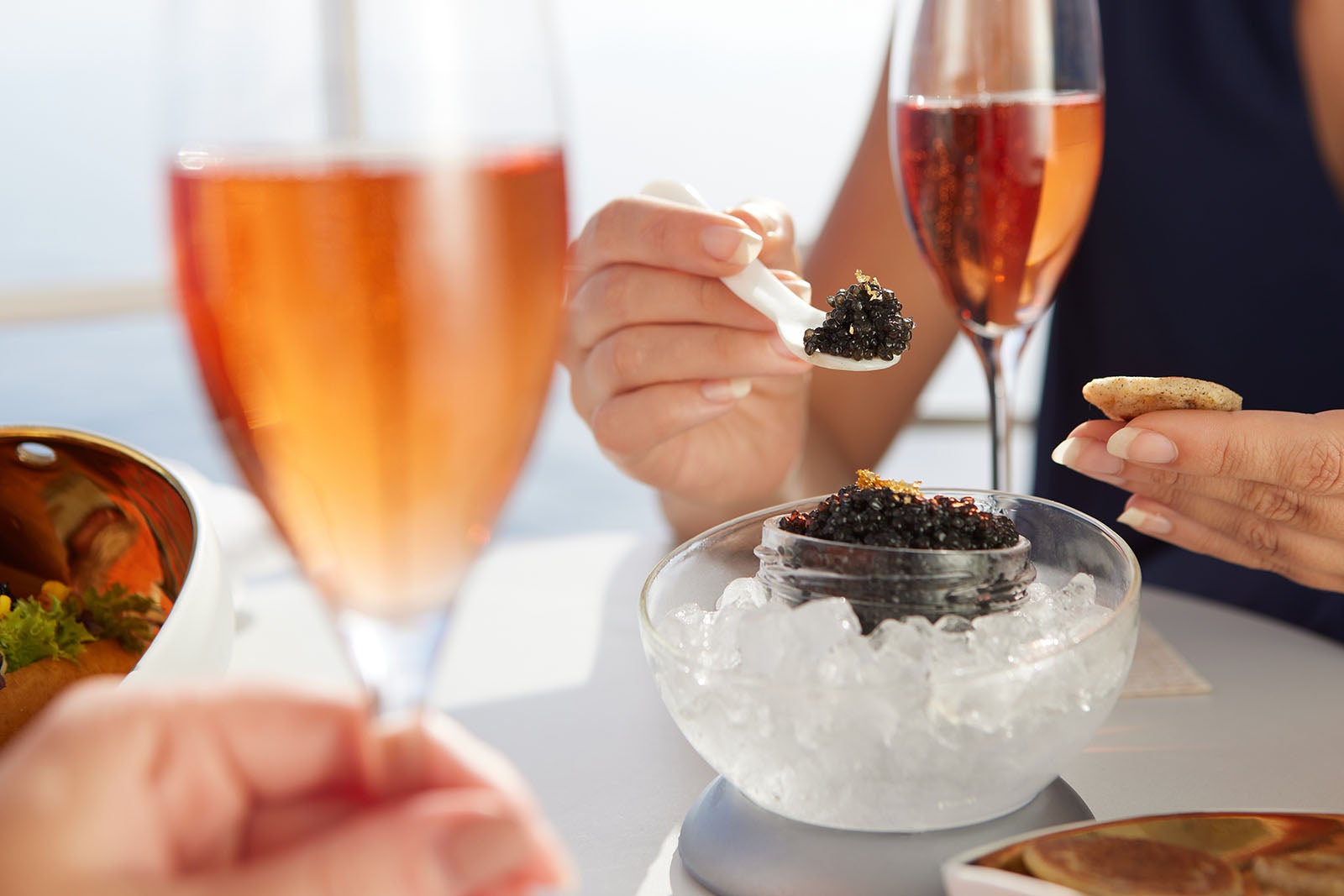 Caviar and wine served on Silversea cruise ship