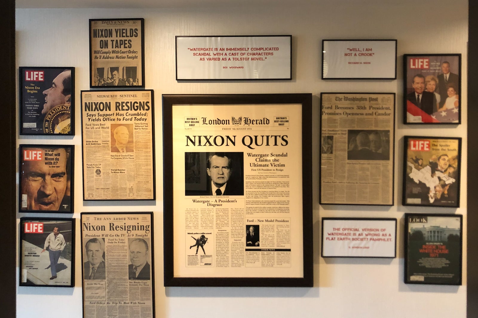 Everything from famous Nixon quotes to newspaper clippings and magazine covers focusing on the Watergate break-in and Nixon's eventual resignation is on display in the entryway of the Scandal Room.