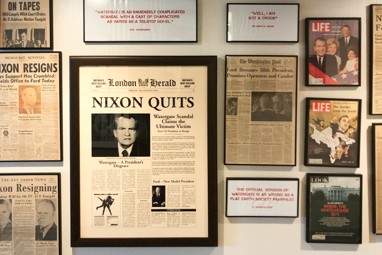Some of the Scandal Room's most attention-grabbing artifacts include newspaper clippings about the Watergate break-in and Nixon's resignation.