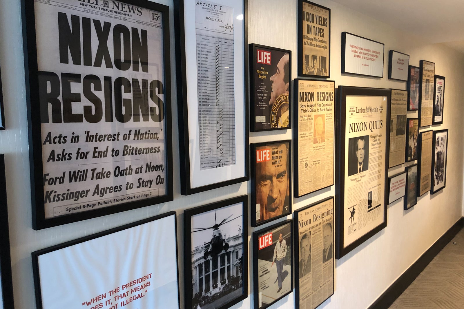 A wall of newspaper clippings, White House photos, Nixon quotes and copies of government documents comes into view when you enter the Scandal Room.