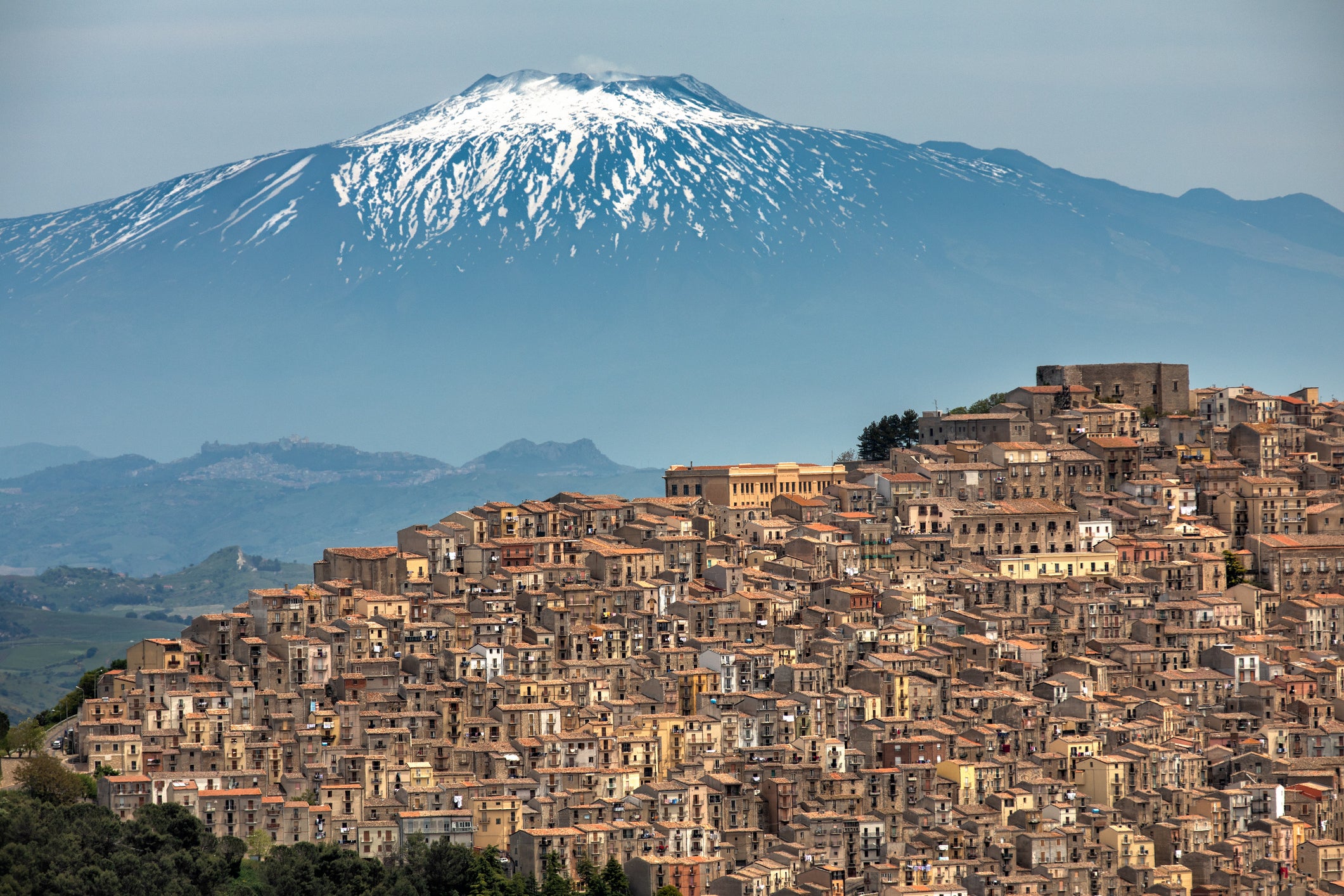Gangi Town with Mount Etna in Sicily Italy