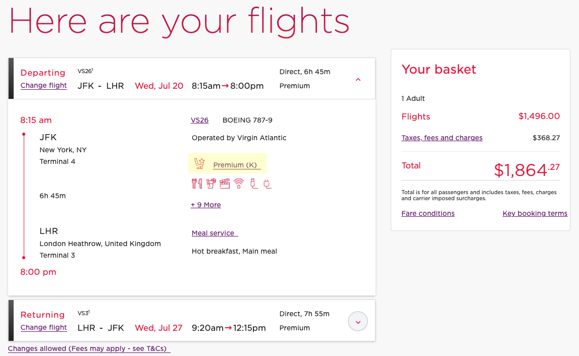 JFK to LHR Virgin Atlantic itinerary with fare class highlighted