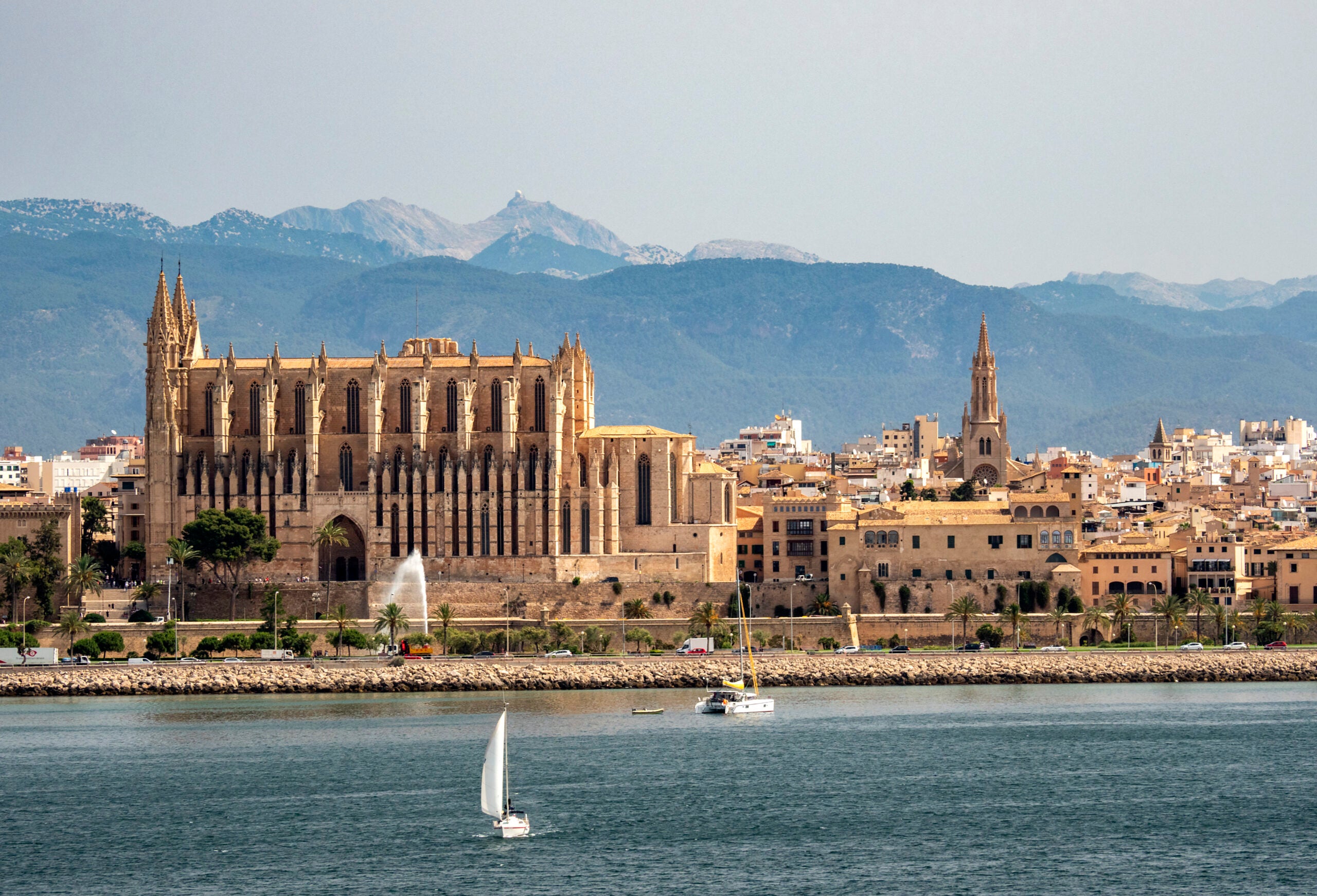 View from the sea of the city and Cathedral of Palma on the island of Majorca.