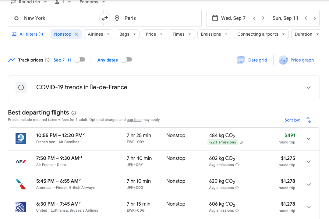 screenshot of flights google