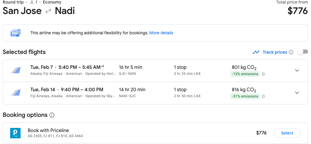 screenshot from Google flights