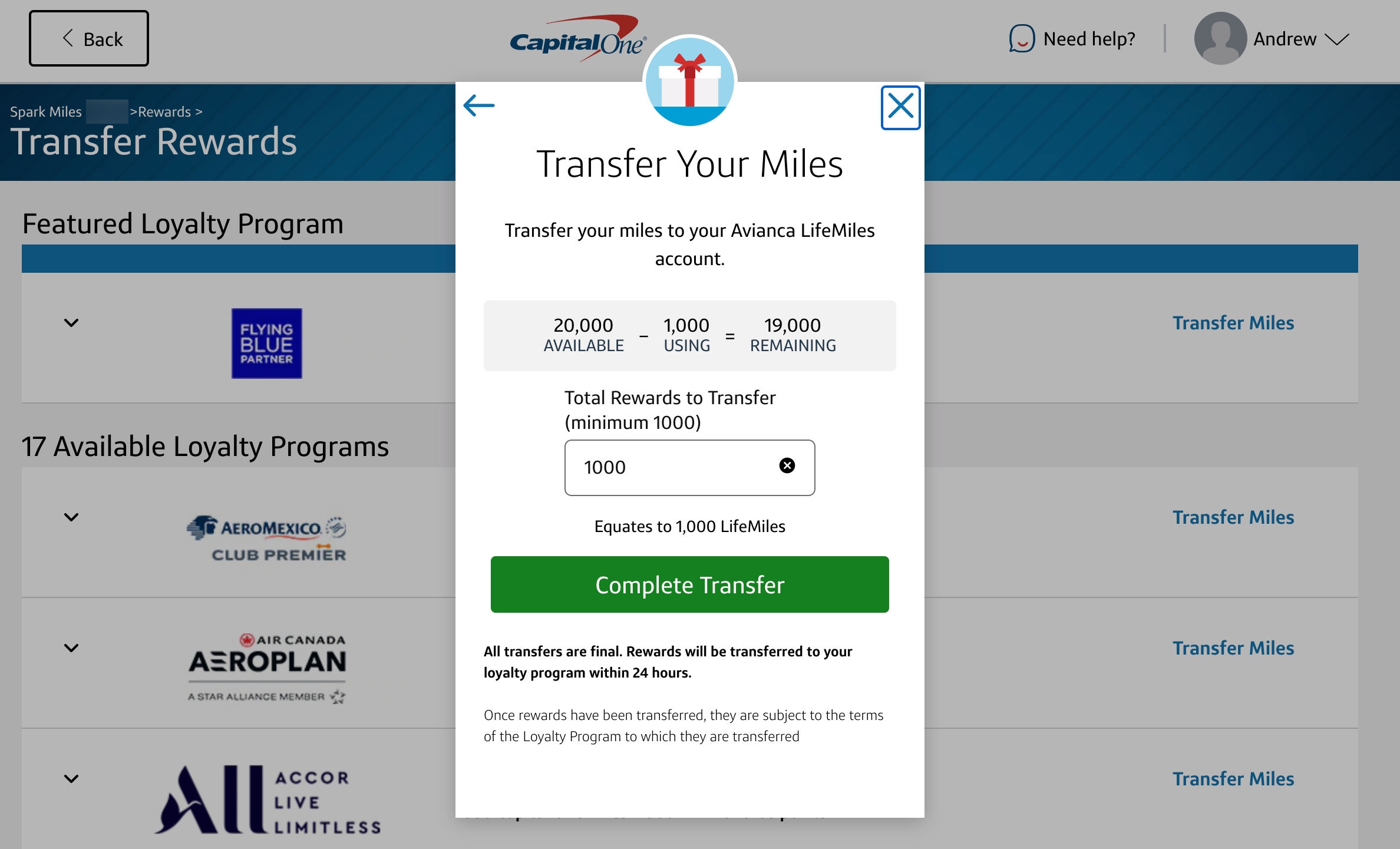 Transferring Capital One miles to Avianca LifeMiles