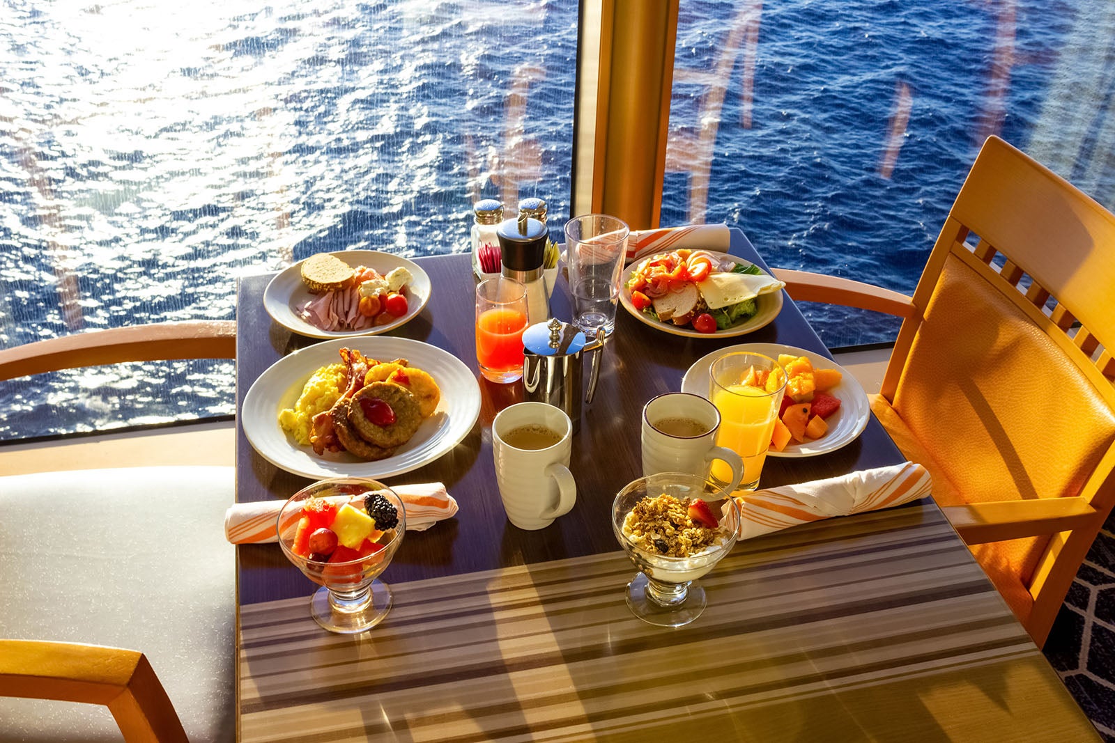 Cruise ship breakfast on table with sea views