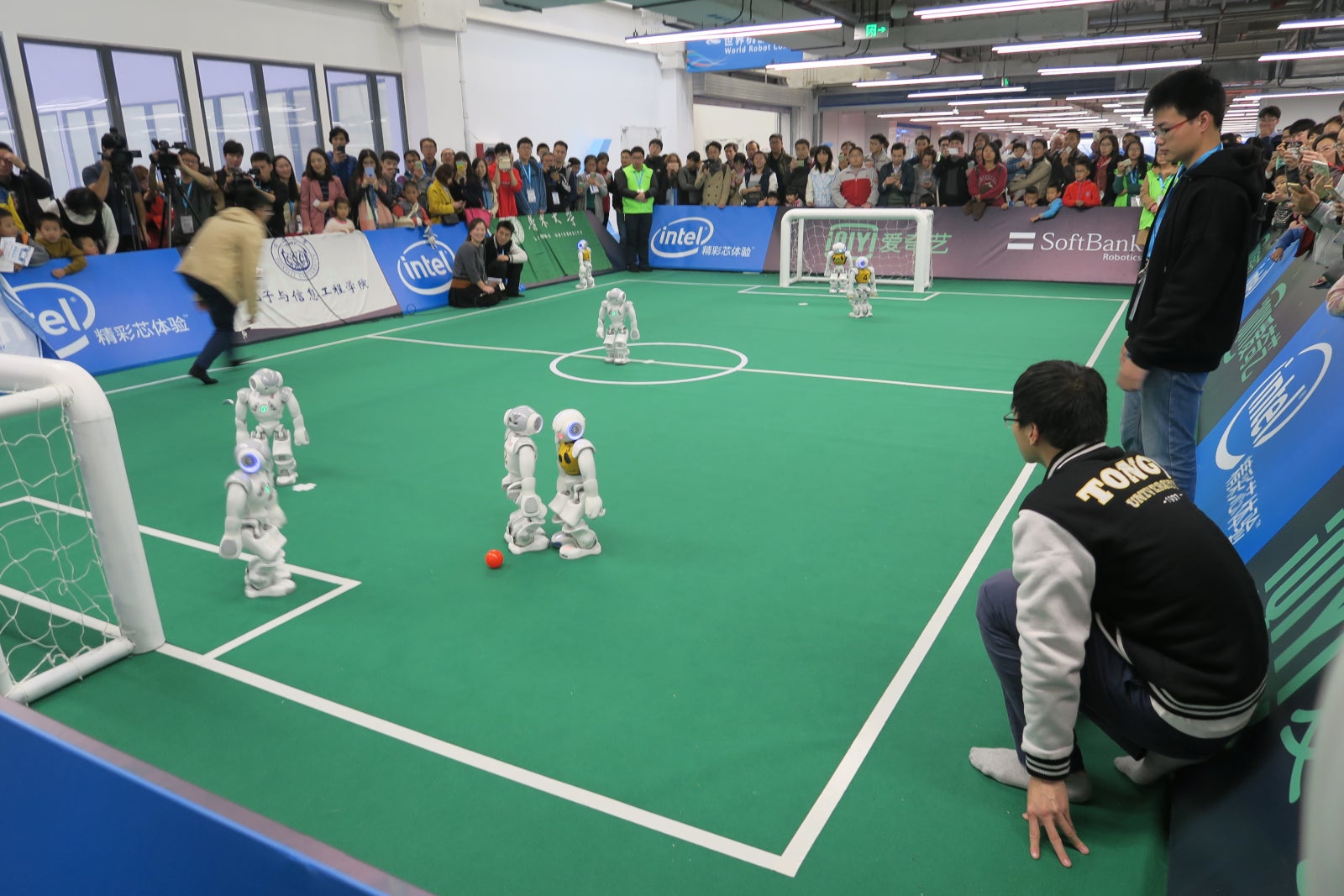 A robot soccer game in China.