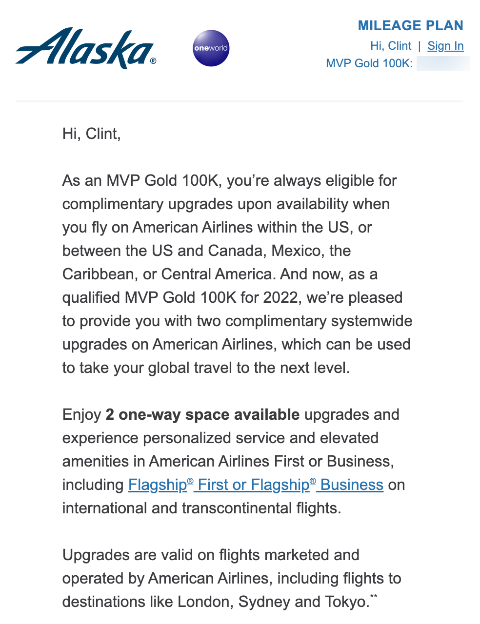 Alaska Airlines elites finally receiving American upgrade certificates