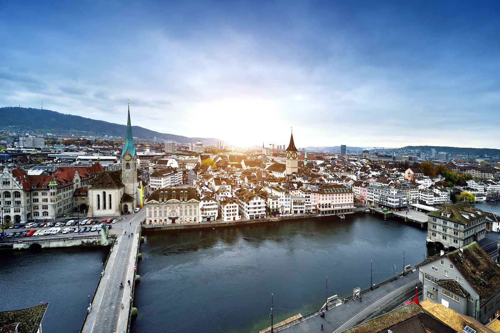 Aerial View of Old Town Cityscape at Sunset, Zurich, Switzerland