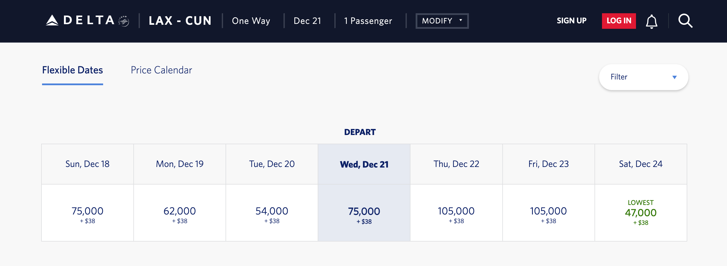 Delta awards over Thanksgiving 2022 from Los Angeles to Cancun