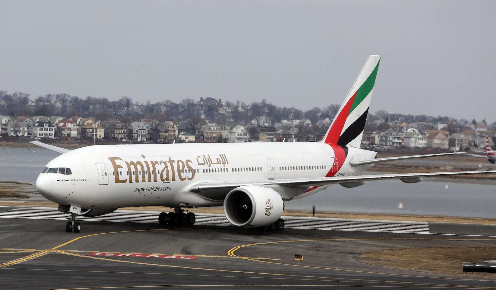 (Boston, MA, 03/10/14) Emirates Airline's Boeing 777-200LR taxis to the gate after landing for the first time at Logan airport launching the airline's new service out of Boston. Monday, March 10, 2014. Staff photo by John Wilcox.